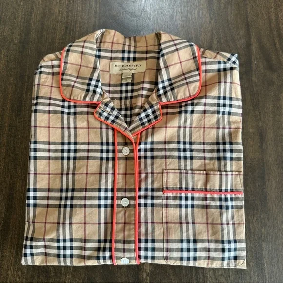 Burberry Tan Plaid Button-Up Shirt with Pink Trim Detail - Picture 10 of 13